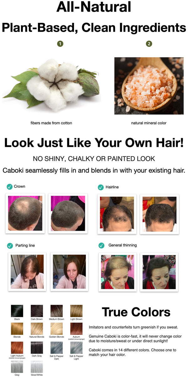 Image describing Caboki's all-natural, clean ingredients and its applications